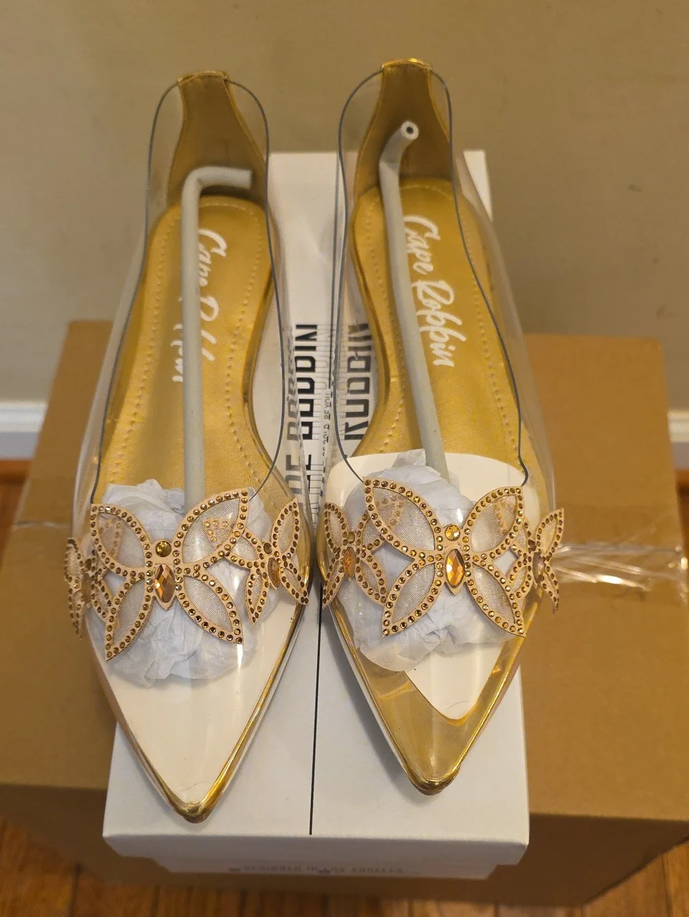 Cape Robbin Clear & Gold Pointed Slingback Flats with Crystal Floral Accent